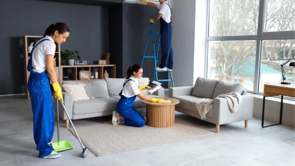 Young janitors cleaning in room