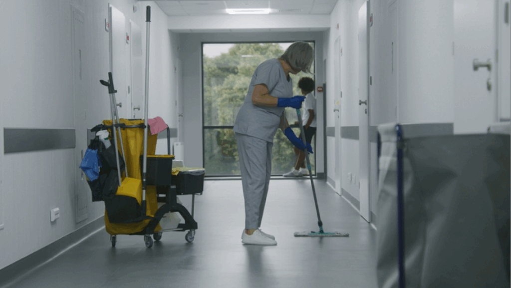 Mature cleaner mops floor in medical center corridor. Multicultural teens stand near window and talk. Caucasian boy with broken leg leaves his friend and goes to hospital ward down clinic hallway.
