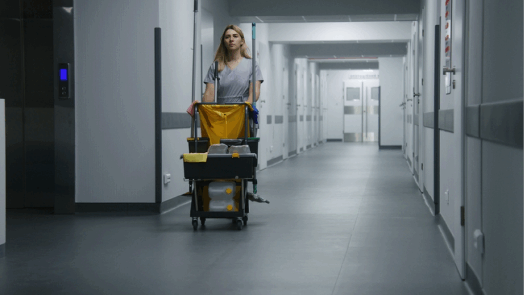Cleaner goes from hospital room after cleaning. Health worker pushes cleaning trolley down clinic corridor. Nurses take care of cleanliness of medical center. Medical personnel at work in hospital.
