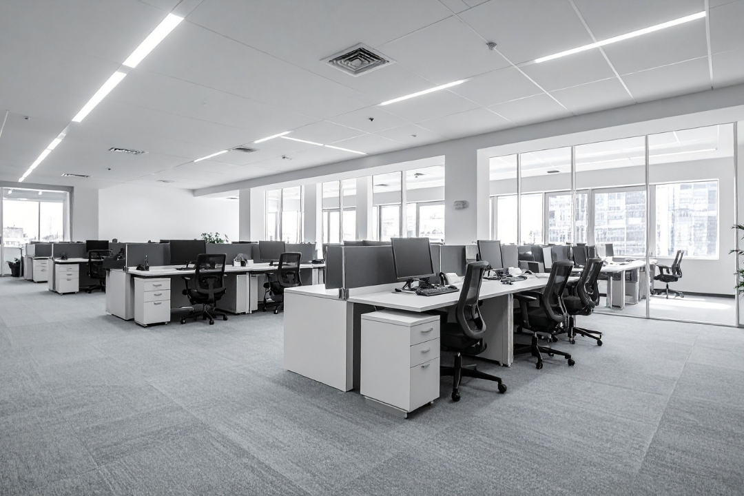 A clean, modern open office with rows of desks and bright natural light streaming through large windows.
