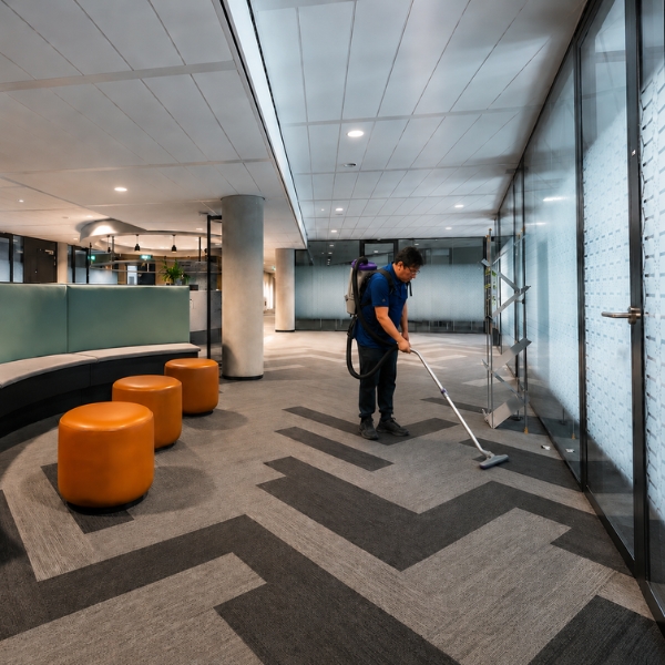 GT Corporate vacuming carpet during a commercial cleannig service