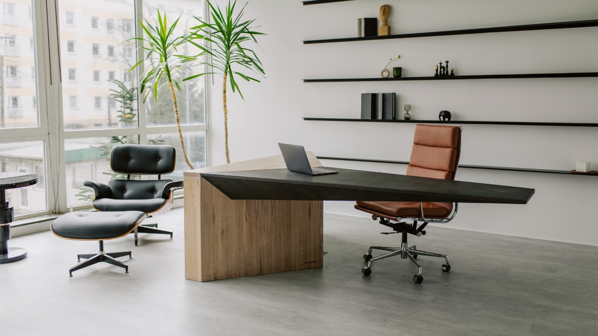 Clean modern office with polished floors and organized shelves.